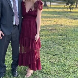 Vici Burgundy Tiered Midi Dress with Tie Straps